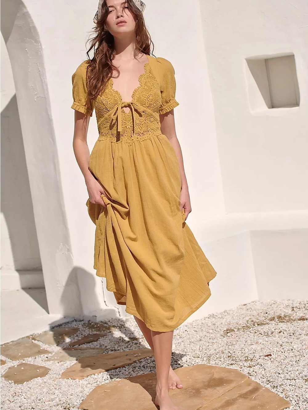 Free People All You Need is Lace Dress in Mustard Yellow
